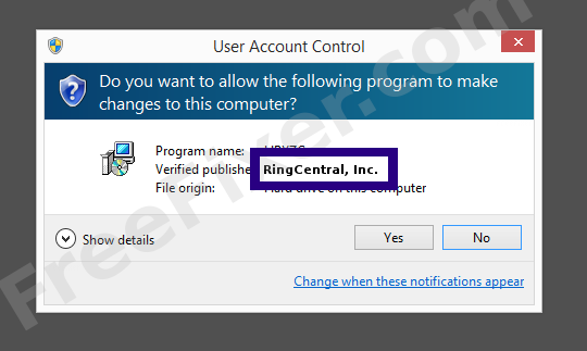 Screenshot where RingCentral, Inc. appears as the verified publisher in the UAC dialog